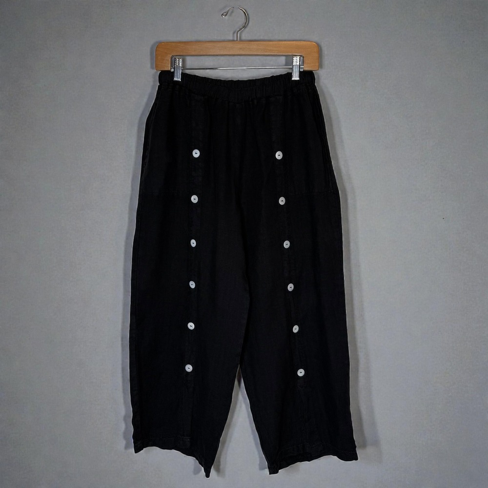 Fenini Linen Black Wide Leg Crop Pants Button Detail Pull On Largenlook Large